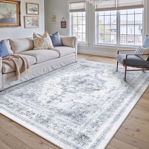 Washable Rug 6x9 Area Rug for Living Room Blue Vintage Boho Medallion Large Distressed Retro Carpet Non Slip Indoor Low Pile Small Soft Bedroom Dining Room Home Office
