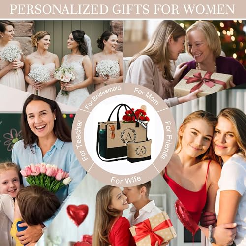 Image of YOOLIFE Personalized Gifts for Women - Initial Jute Tote Bag & Makeup Bag, Birthday Gifts for Women Mom Wife Teacher Friend