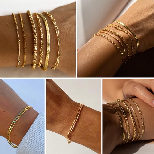 Florideco Gold Bracelets for Women Waterproof 14K Gold Plated Bracelet Stack Set Non Tarnish Trendy Thin Dainty Stackable Cuban Link Paperclip Chain Bracelet Pack Fashion Cute Jewelry Set4