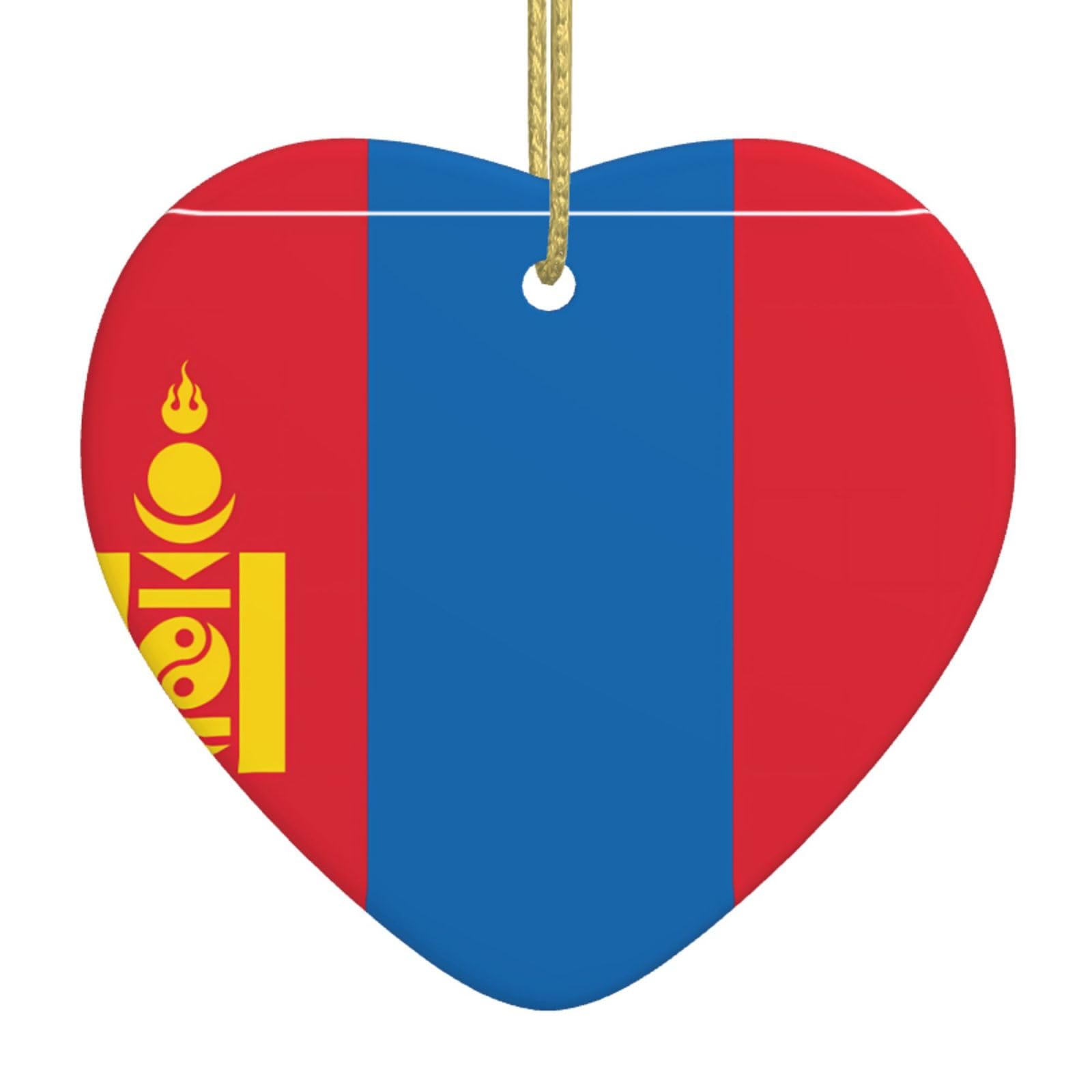 Mongolian Flag Ceramic Christmas Heart Pendant with Silk Thread, Christmas Tree Home Decoration