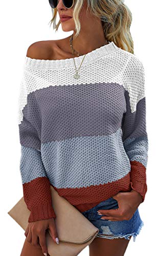 Angashion Women's Sweaters Casual One Off Shoulder Oversized Long Sleeve Color Block Patchwork Pullover Knit Sweater Tops 2072 Blue M
