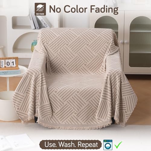 Image of HOKIPO Printed 320 GSM Chenille Sofa Cover Throw Blanket for 1 Seater Sofa - All Season, 'Serene Abode Series' Beige Geo Weave (180x180 cm) (AR-6631-D7)