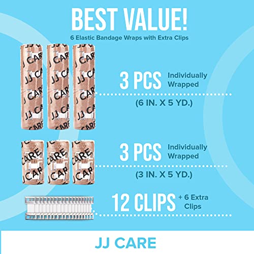 Jj Care Elastic Bandage Wrap [Pack Of 6], Compression Bandage In 3 Inches And 6 Inches, With 6 Extra Bandage Clips, Ankle, Wrist, And Foot Elastic Bandages 6 Rolls, Durable And Reusable #TOP4