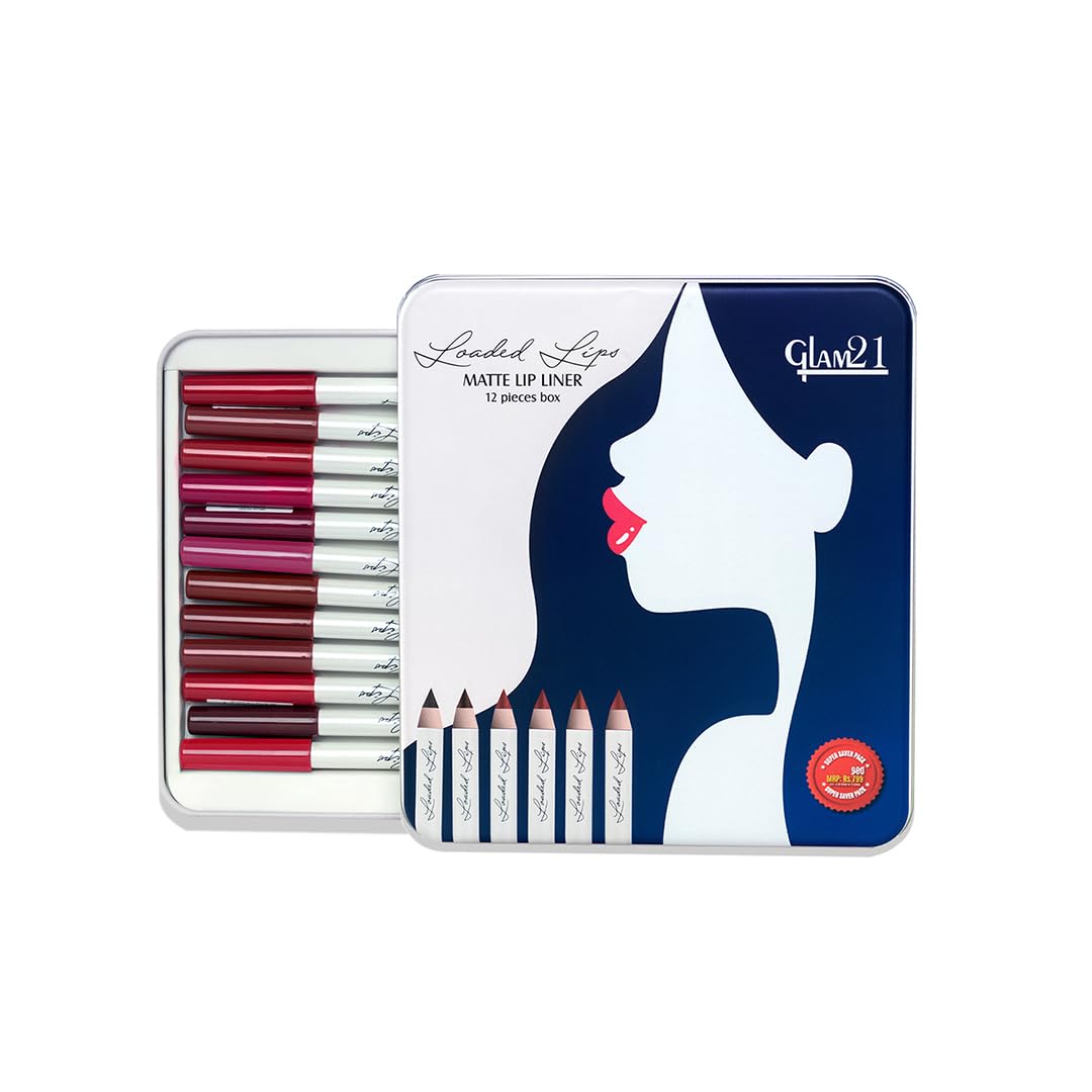 Glam21 Loaded Lips Matte Lip Liner | Set Of 12 | Long-Lasting | Waterproof | Transfer-Proof Matte Finish | One-Stroke Color Application | Non-Drying, 1.1gm Each