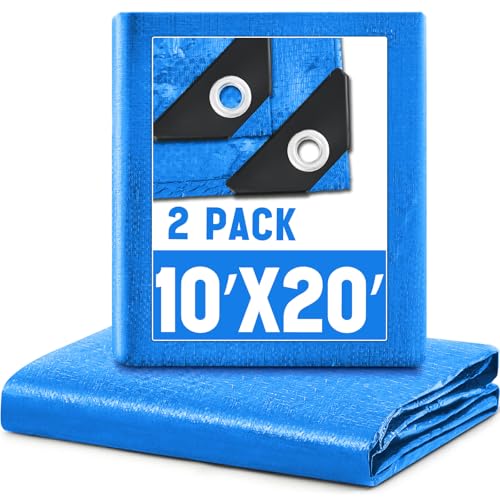 Image of 2 Pack 10 x 20 ft 5.5 Mil Large Tarps Heavy Duty Waterproof Tarp Multi Purpose Tent Cover for Home Boats Cars Camping Patio Furniture Roof Emergency Rain Protective Cover, Blue