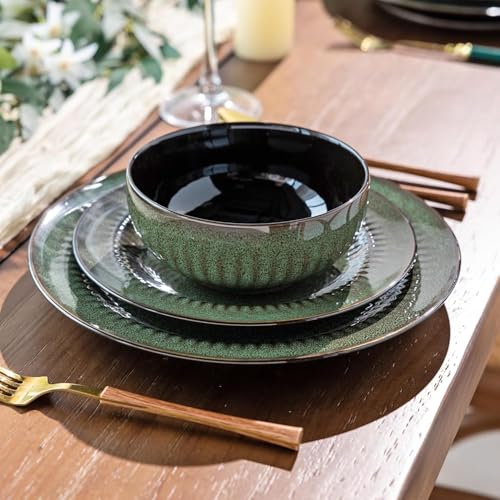 LeRatio Geschirrset für 6 Personen, 18-tlg Reaktive Glasur Steingut Geschirr Set, Keramik Kratzfestes- Schüssel- und Teller-Set, Spülmaschinen- und Mikrowellenfestes (Jadegrün, 18 Teile Set)