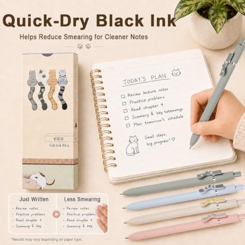 VICO Cat Pens, 4 Pcs Cute Kawaii Gel Pens, 0.5mm Black Ink Fine Point Retractable Pens, Quick Dry Smooth Writing, Back to School Supplies & Cat Lover Gifts