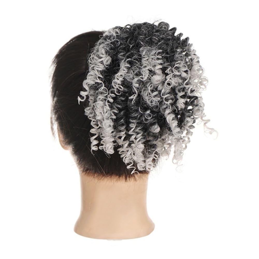 sztuczne włosy kok Syntetyczne krótkie afro koki, elastyczne gumki do włosów, kręcone kucyki, przedłużanie włosów Akcesoria do włosów(T1B-GREY)