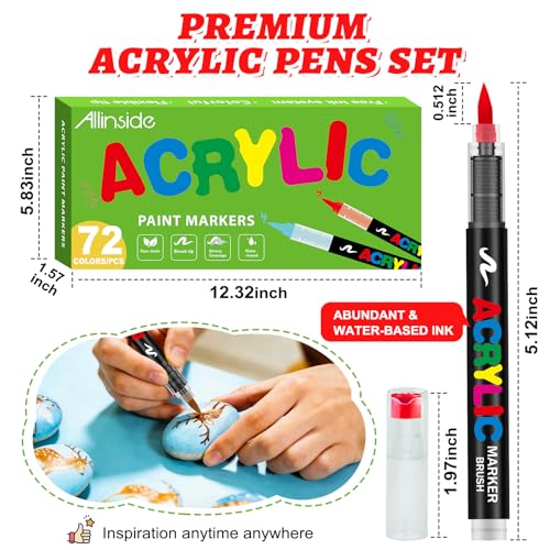Image of Allinside Acrylic Paint Markers, 72 Colors Soft Brush Tip Paint Pens, Waterproof Quick Dry Acrylic Markers for Rock Painting Wood Canvas Glass Fabric Stone Egg DIY Art Crafts Supplies