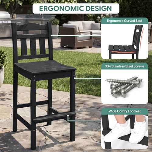 Image of Outdoor Bar Stools Set of 2, HDPE Tall Adirondack Bar Chairs 27.5 Inch Seat Height w /Backrest, All Weather Patio Bar Height Chairs for Bistro Balcony Deck Poolside (Black)