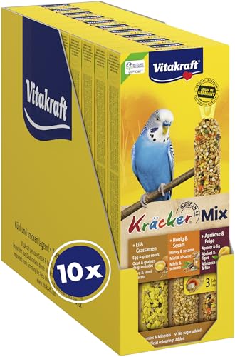 Vitakraft Kräcker Mix, snack uccelli, bastoncini da sgranocchiare, con uovo e semi da prato, con albicocca e fico, con miele e sesamo, per la cura del becco, senza zuccheri aggiunti (10x 80g)