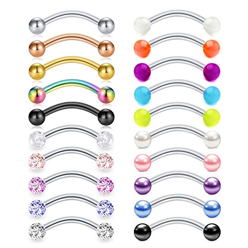 Mayhoop 20Pièces Piercing Arcade Piercing Rook Sourcil 16G Acier Chirurgical Perle Boule Lunineuse Anneau Sourcil Barre Courbé Bananas Bijoux de Piercing 8mm