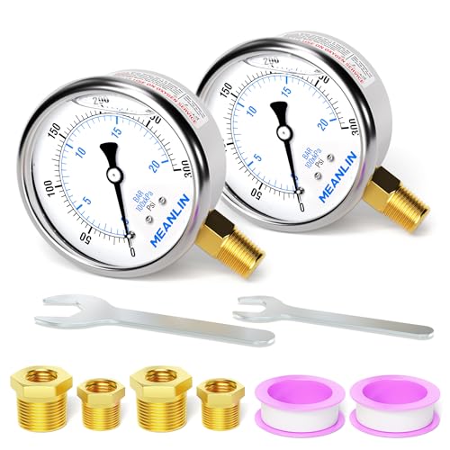 MEANLIN MEASURE 0~300Psi Stainless Steel 1/4" NPT 2.5" FACE DIAL Liquid Filled Pressure Gauge WOG Water Oil Air Lower Mount (Pack of 2), with 1/2" NPT and 3/8" NPT Hex Bushing