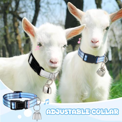 Image of 2 Pack Goat Collars with Bells, Sheep Grazing Copper Bells and Adjustable Nylon Collar Set Loud Bronze Bell Small Farm Animal Sheep Cow Accessories(Blue, White,Plaid Pattern)