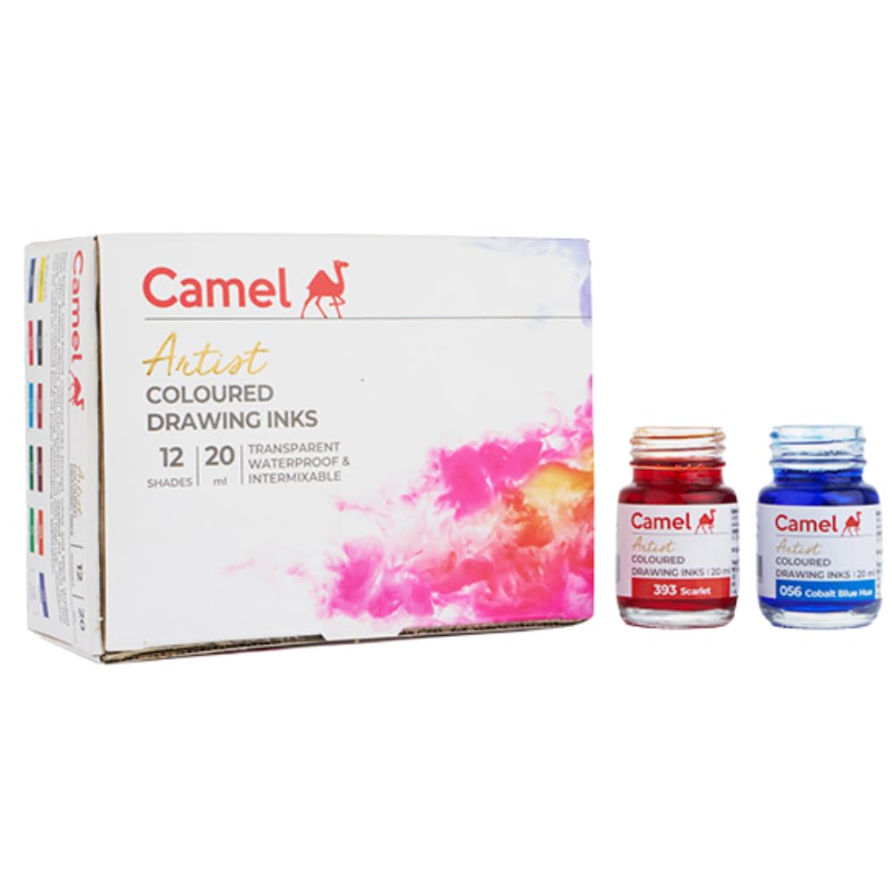 Camlin Pack of 12 Coloured Drawing Inks in 20 ml Bottles