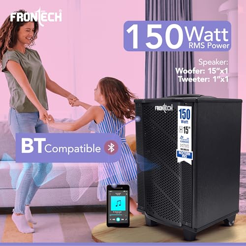 Image of FRONTECH Nocturn Pro Trolley Speaker | 150W Powerful Sound | Dual Wireless Microphones | USB /TF /Bluetooth /FM | Guitar & MIC Input | Rechargeable Battery (SW-0211, Black)