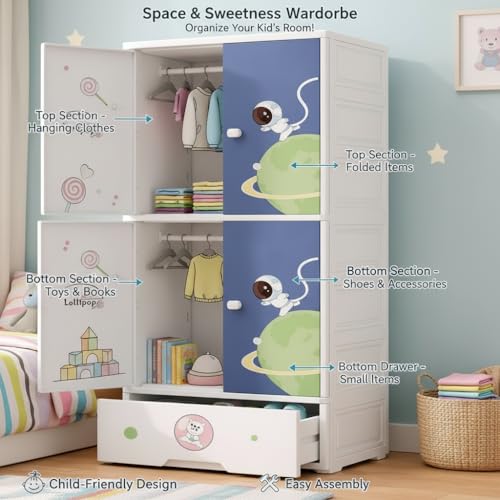 Image of EXVITO Plastic Wardrobe For Cloth with Drawers & Hanging Rod | Baby Cupboard for Clothes Storage | Foldable Collapsible Plastic Almirah for Kids | Cartoon Design Cabinet for Bedroom (ASTRONUT, 4 DOOR)