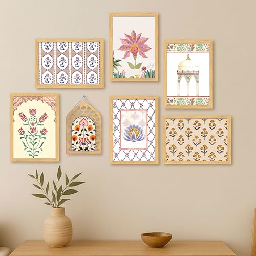 Image of PAINTINGMANTRA Indian Floral Framed Wall Art Set of 7 (1 MDF wall Hanging) - Mughal & Rajasthani Inspired Botanical Prints |Ethnic Wall Decor Framed Painting for Living Room & Bedroom, 9x13 Inch