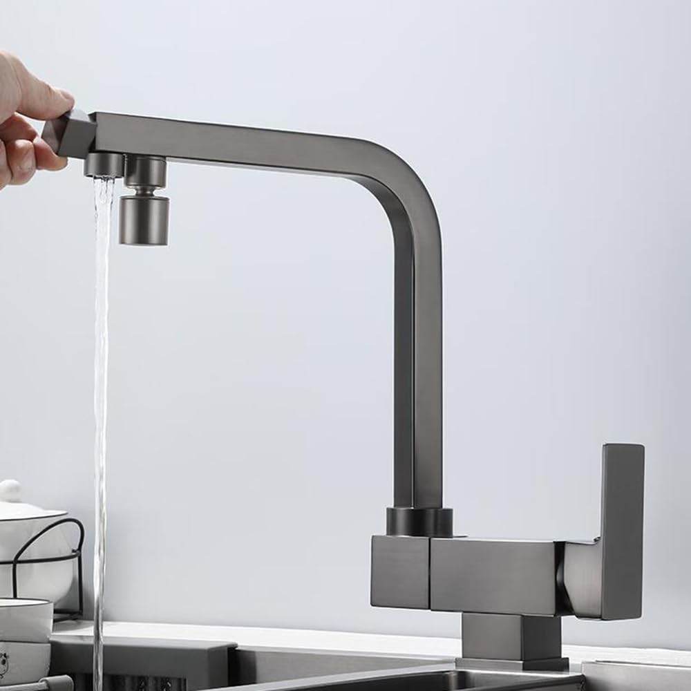 SaryEdge Folding Swivel Hot and Cold Purified Water in Brass 3 Way Filter Faucet for Kitchen Sink-Brushed，Gray-A，Gray-A