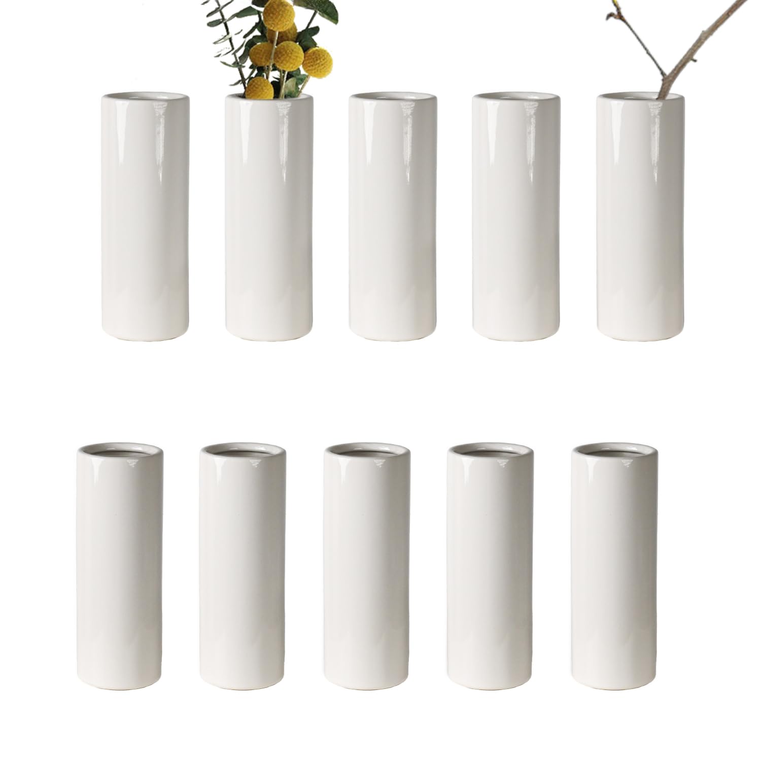 Moderne weiße Keramikvasen, Set mit 10 Stück, für Wohnzimmer, Schlafzimmer, 18 cm, minimalistische, frische kleine Blumenvasen für Blumenstrauß, künstliche Pflanzen, Heimdekoration, Büro