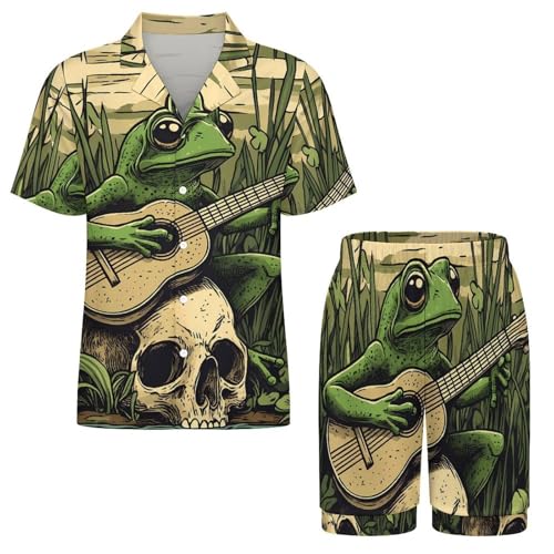 Frog Playing Banjo on Skull Mens Pajamas Set Short Sleeve Sleepwear Summer Pjs Sets 2 Piece Loungewear Nightwear3
