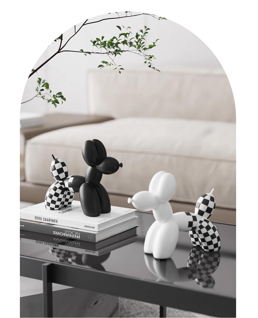 Escultura Perro Globo a Cuadros, Estatua de Resina, decoración para el hogar y la Oficina, para Sala de Estar, Dormitorio, Escritorio, 21 x 18 x 9 cm, Juego de 2 Piezas en Blanco y Negro