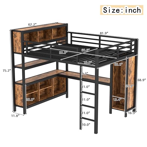 Image of Bellemave Queen Size Loft Bed with Desk, Wardrobe, Storage Cubes and Shelves, Metal Queen Loft Bed Frame for Adults, Kids, Teens, Black and Woodgrain