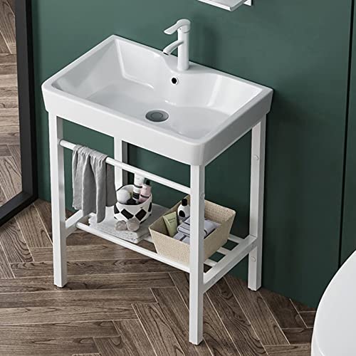 Lavabo de baño de cerámica con pedestal y soporte de acero inoxidable, perfecto para lavaderos, garajes, patios y baños, elegante y fácil de instalar