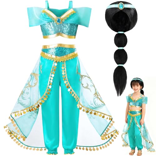 ZZXLOPEZ Déguisement Princesse Jasmine, Costume de Princesse Jasmine avec Accessoires de Perruque, Robe de Aladdin pour Filles Noël Halloween Anniversaire...