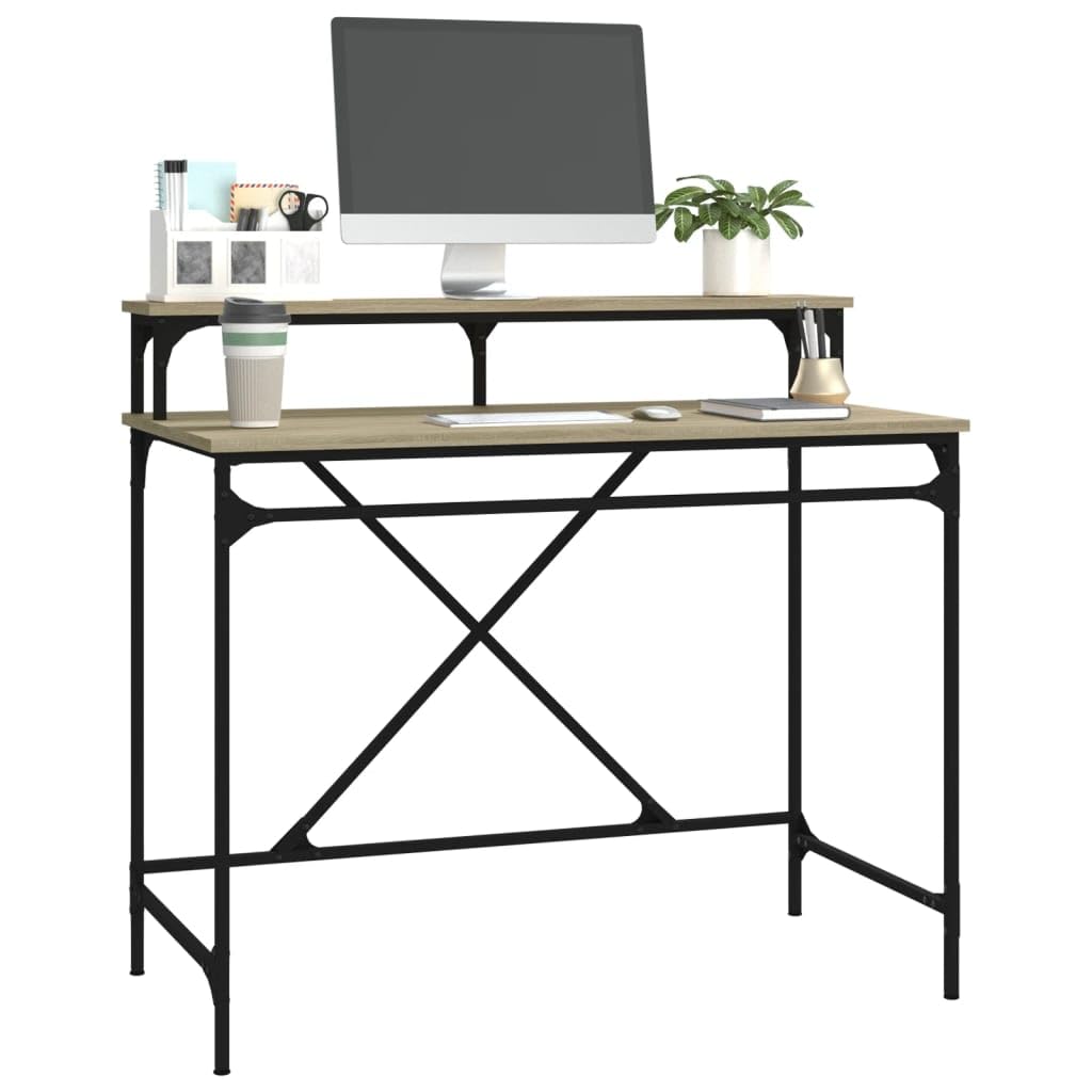Scrivania in rovere Sonoma e ferro, 100 x 50 x 90 cm, per ufficio, lavoro, computer, PC, laptop, con ripiano e ripiano, ergonomica, salvaspazio, per home office e gaming
