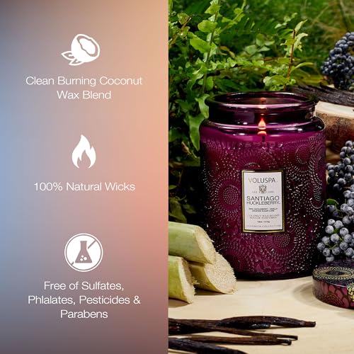 Image of Voluspa Santiago Huckleberry Large Scented Candle Jar 18 Oz, 100 Hr Burn | Coconut Wax Blend in Decorative Glass, Clean Even Burn, USA Handcrafted Gift for Hosts, Fragrance Lovers & Relaxed Rooms