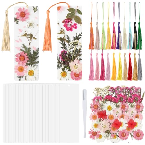 20 Sets Dried Flower Bookmark Making Kit Transparent Bookmark DIY Projects Craft Gift Bulk PET Sticker with Color Tassels and tweezer for Classroom Activities Reading Award and Book LoversSummer