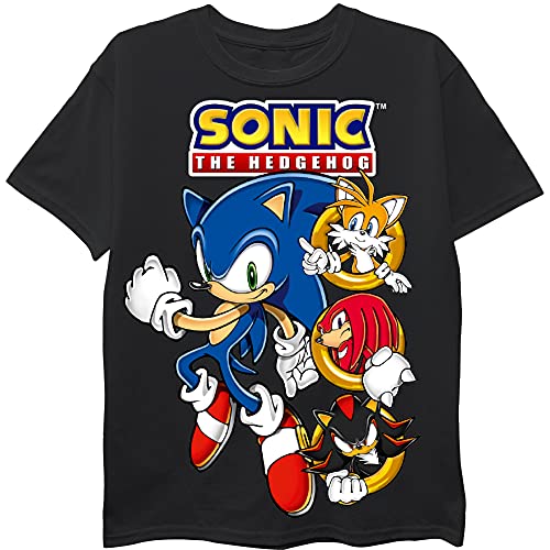 SEGA Boys Sonic The Hedgehog Shirt - Featuring Sonic, Tails, and Knuckles - The Hedgehog Trio - Official T-Shirt (Black, Small)