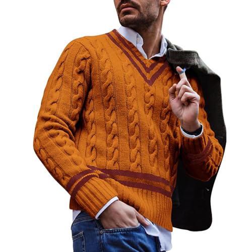 V Neck Sweater for Men Slim Fit Cable Knit Chunky Long Sleeve Pullover Fall Winter Fashion Twist Sweaters