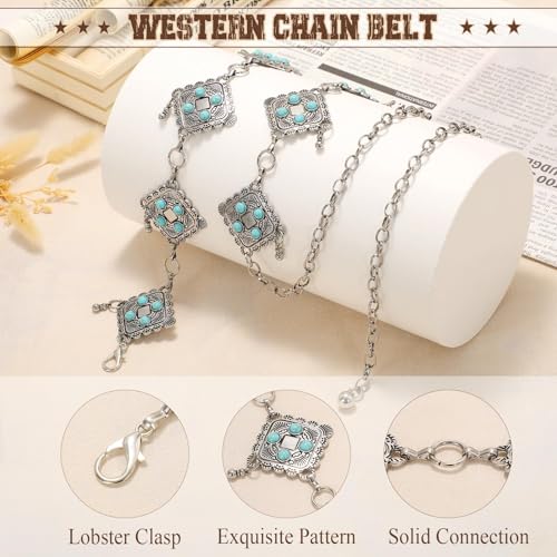 Image of WHIPPY Western Metal Concho Belt for Women Vintage Cowgirl Boho Turquoise Chain Belts for Dresses Jeans