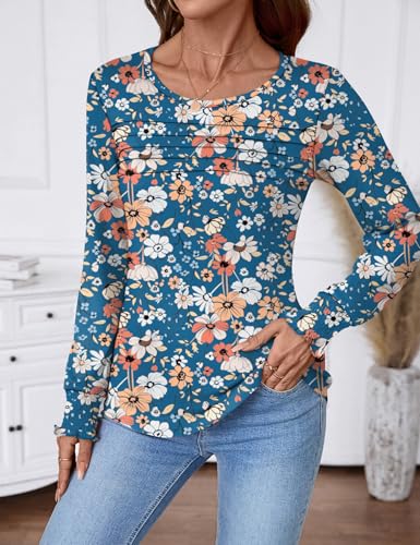 LOMON Womens Fall Tops Long Sleeve Blouses 2025 Dressy Casual Crewneck Pleated Tunic Shirts Loose Fashion Clothes4