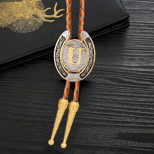 Image of Vintage Western Cowboy Rodeo Initial Letter A-Z Bolo Tie for Men | Premium brown braided leather, adjustable sliding clasp, anti-tarnish alloy pendant, versatile A-Z western bolo tie