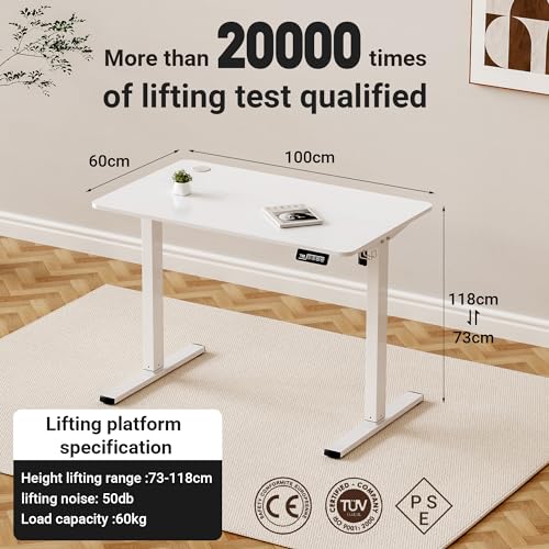 مكتب قائم بارتفاع قابل للتعديل من دبليو دبليو اي، طاولة رفع كهربائية قابلة للتعديل، طاولة مكتب متحركة (ابيض، 100 × 60 سم)