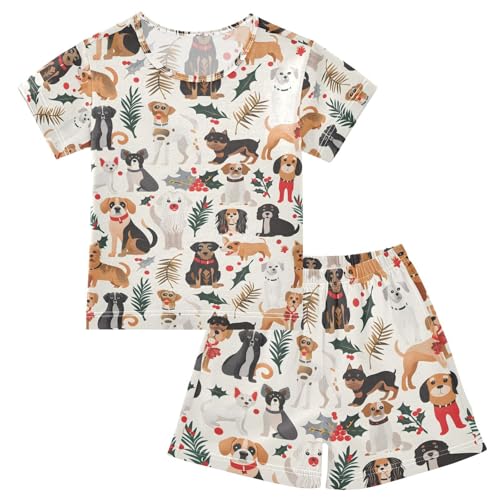 ALAZA Merry Christmas Pug Dog New Year Pajamas Set Short Sleeve Cotton Sleepwear Summer Pjs 2 Piece 5-14Y