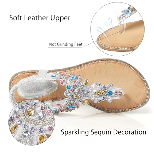 Image of iCKER Women Flat Thong Sandals Rhinestone Sparkly Boho Elastic Ankle Strap | Non‑slip,Matches Summer Dresses,for Vacation,Wedding,Evening and Festival
