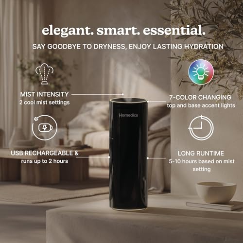 Image of Homedics Portable Humidifier - Small Ultrasonic Cool Mist Humidifier for Bedroom, Desk & Travel, Mini Personal Humidifier, 7.7 oz Tank, Auto Shutoff, Night Light, Rechargeable (Gloss Black)