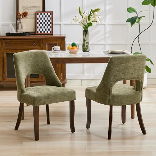 UVV Wooden Dining Chairs Set of 2, Mid Century Modern Chenille Upholstered Dining Room Chair Kitchen Chairs, Farmhouse Dinner Chair with Solid Wood Legs for Kitchen Dining Room, Green