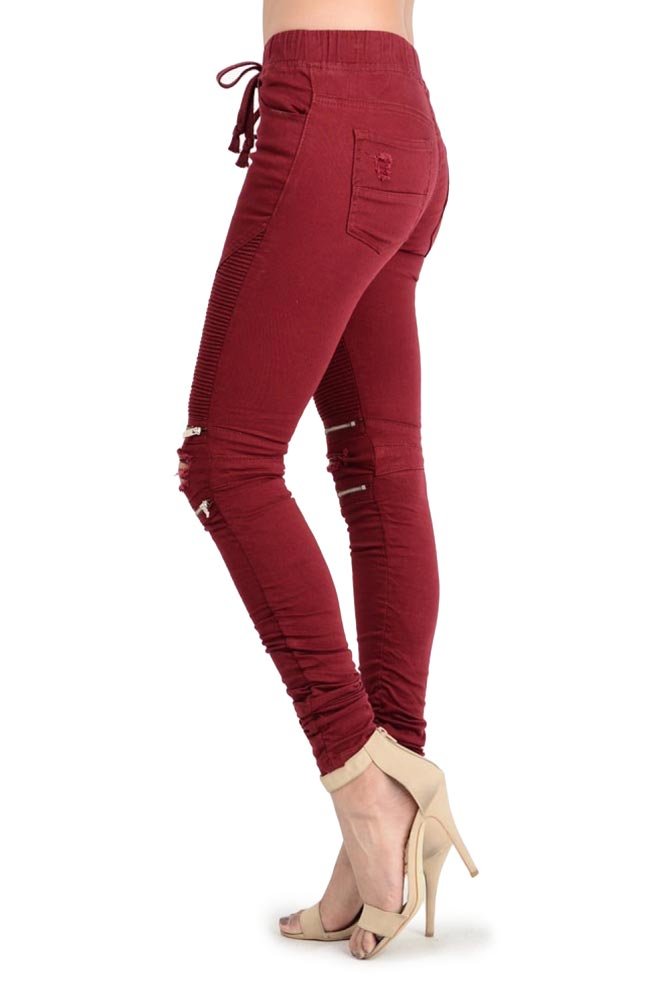 G-Style USA Women's Biker Style Ripped Zip Rider Jogger Pants RJJ777 - Burgundy - Small - S1F