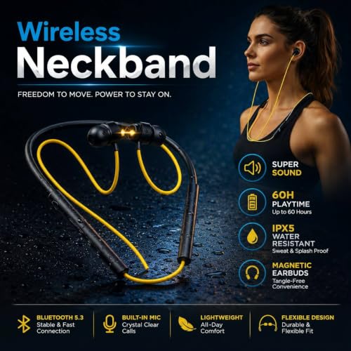 Image of Casora Wireless Neckband Bluetooth Headphones with Built-in Mic, 60H Playtime, IPX5 Water & Sweat Resistant, Bluetooth 5.3, Magnetic Earbuds, Lightweight Neckband Earphones for Sports & Workouts