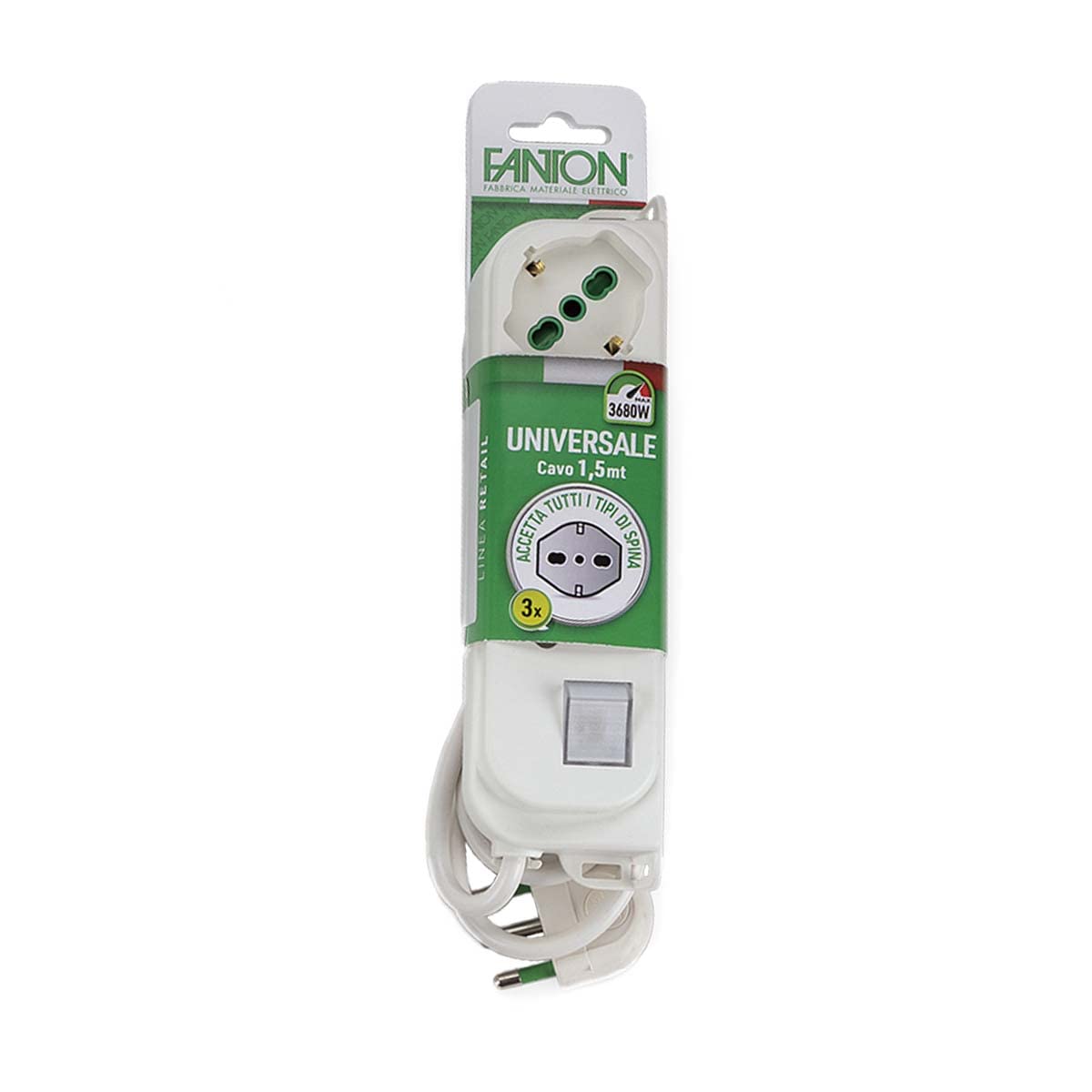 FANTON 47460 Multipresa 3 posti OMEGA 3 prese bipasso schuko 2P+T 16A ciabatta cavo 1,5 m. spina a squadra grande 2P+T 16A + interruttore bipolare luminoso