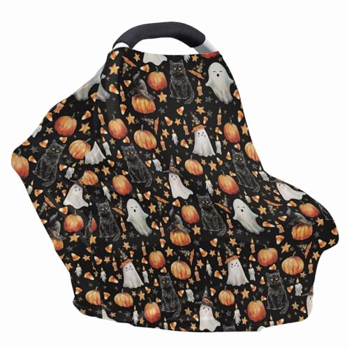 Image of Wanyint Infant Car Seat Cover Stretchy Nursing Scarf Car Seat Canopy Shopping Cart High Chair Cover Protect Babies Breastfeeding Mothers Halloween Decor, Witch Hat Ghost Black Cat Pumpkin