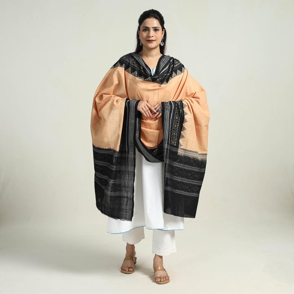 Image of Cotton Dupatta with weaving and Ikat woven border from the Weavers Stole for Girls & Women