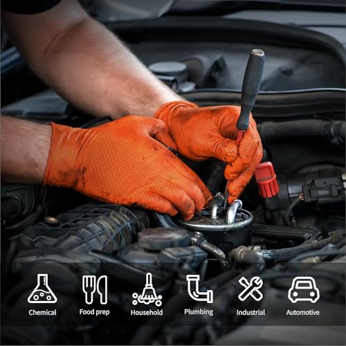 10mil Nitrile-Gloves Disposable-Orange Chemical-Resistant Rubber - Mechanic Gloves Heavy Duty Latex Free Diamond Grip (100, Large)