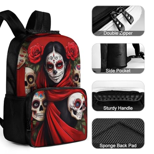 Lightweight Backpack for Gym Travel Bicycle - Big Capacity Multipurpose Anti-Theft Carry On Bag, Mexican Red Rose Sugar Skull Floral Women Day Of The Dead Art Travel Hiking Bag & Day Pack4