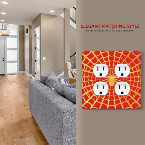 Decorative Outlet Covers Red Background with Golden Spiderweb Spider 2 Gang Outlet Cover Wall Plate Double Duplex Light Switch Cover Plate Switch Plate Covers for Bedroom Decor